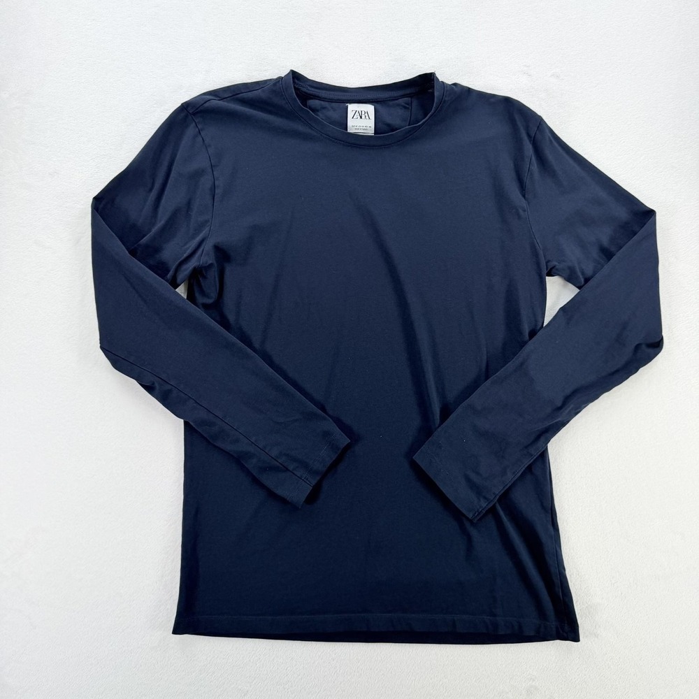 Zara Shirt Womens Medium Blue Solid Long Sleeve Slim Fit Cotton Crewneck Tee
